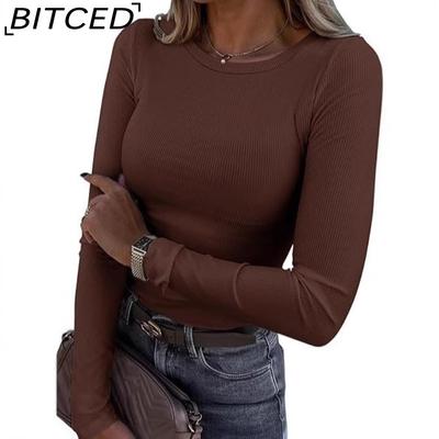 Women's Long-Sleeved Stretch O-Neck Ribbed T-Shirt Fitted Casual Basic Top