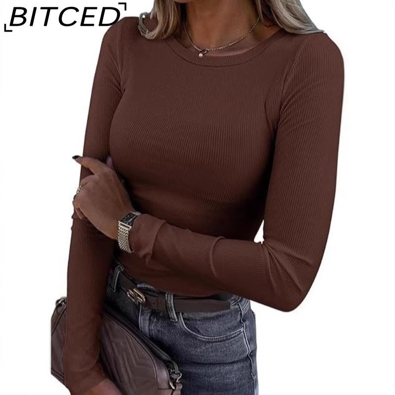 BITCED Women's Long-Sleeved Stretch O-Neck Ribbed T-Shirt Fitted Casual Basic Top