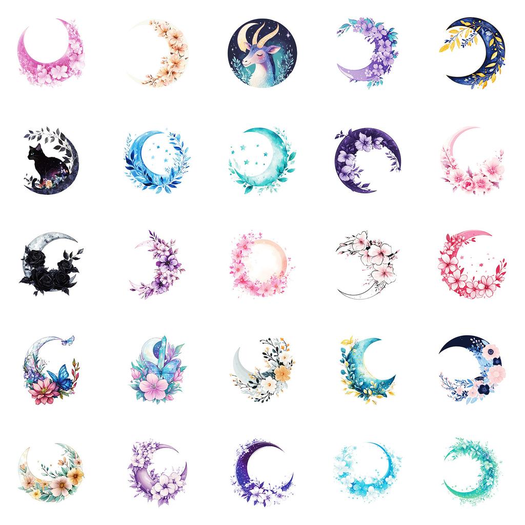 50 Non-repeat Dreamy Moon Theme Waterproof Decorative Stickers Various Creative Illustrations of Moon