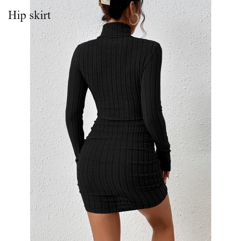 2024 Women's Wind Wine Red Dress Fashion Temperament Slim Autumn and Winter Simple High-neck Skirt