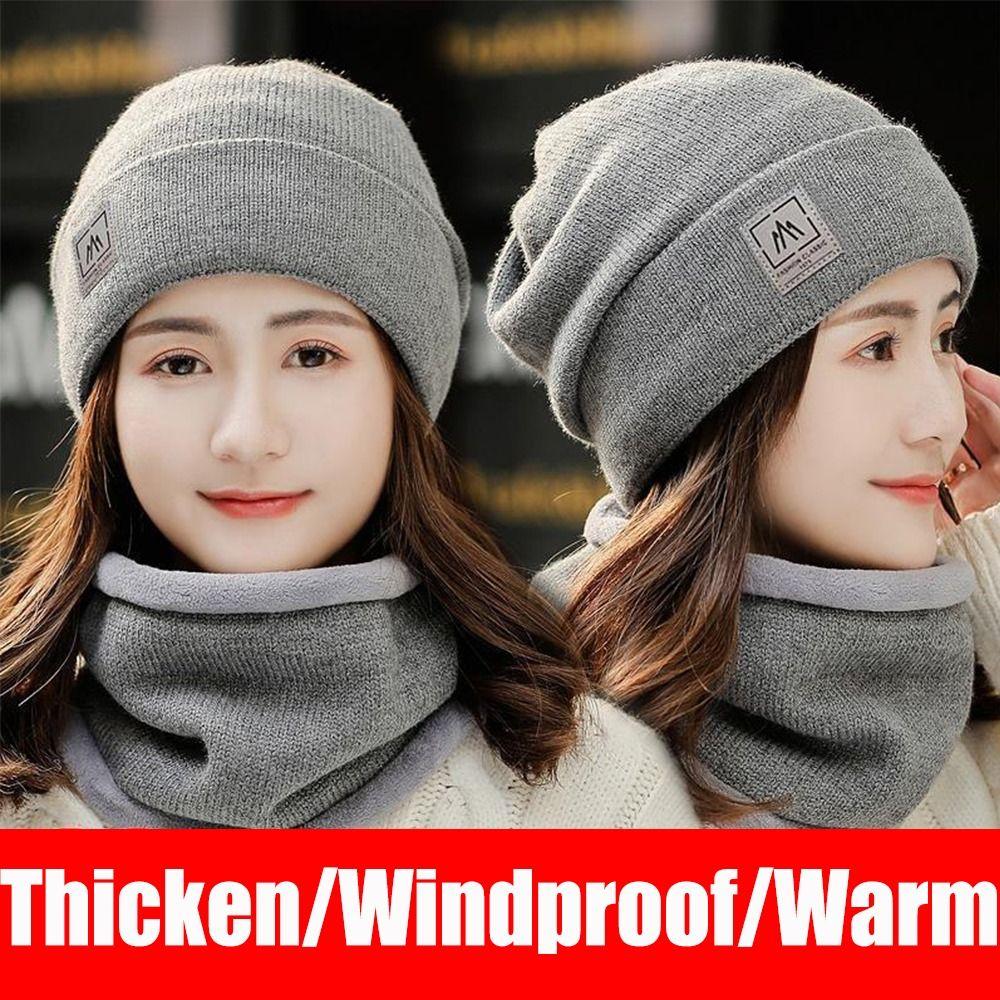 Thicken Plus Velvet Scarf Warm Knit Hat Cold-proof Neck Cover Solid Color Beanies Caps  Mens Womens