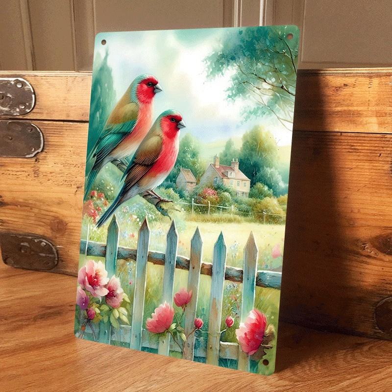 One piece of cozy, pastoral-style tin wall hanging plaque. Two colorful birds perch on a branch, flowers bloom beside a courtyar (as the picture,20x30cm)