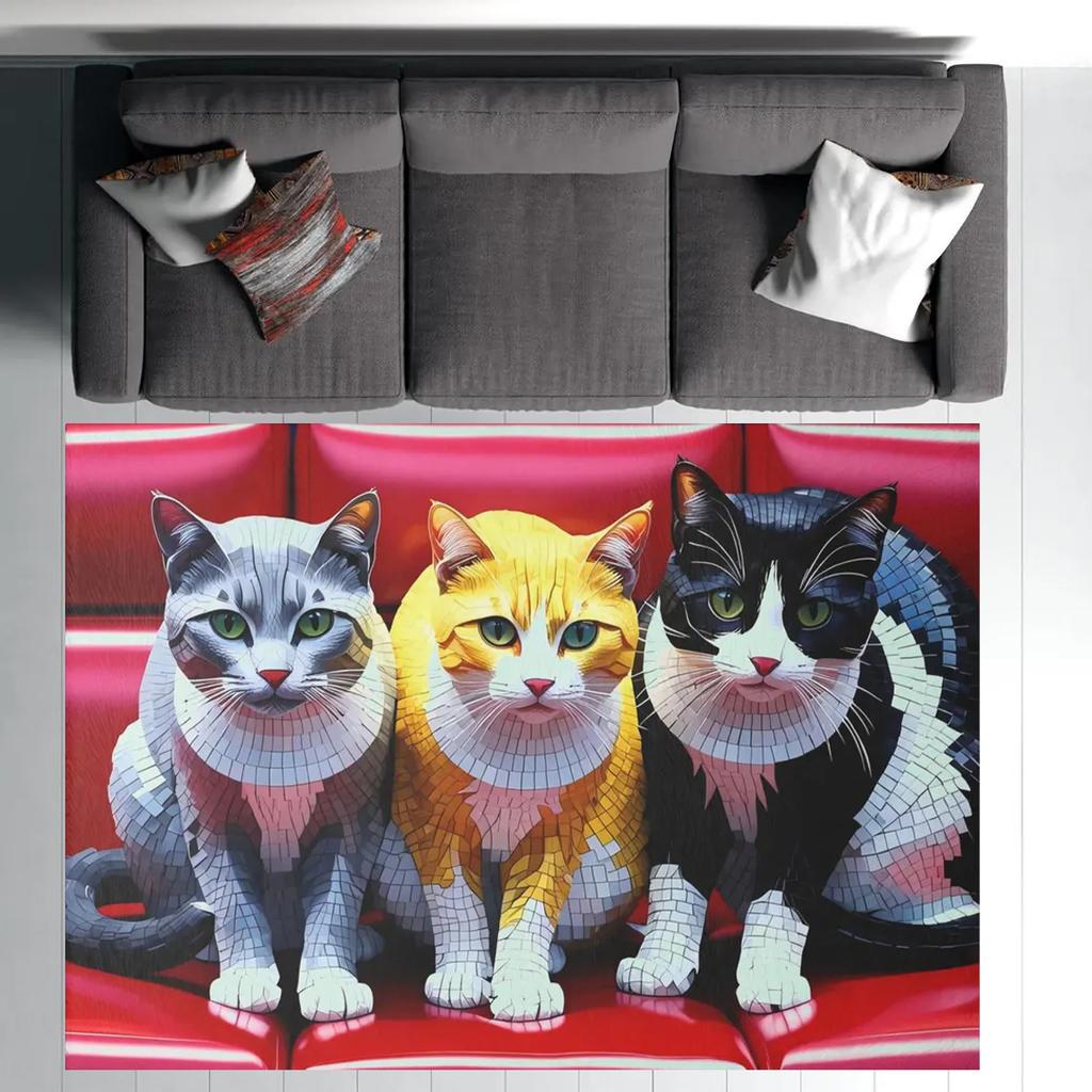 Black and White Cat Vintage Calico Cat Cow Cat Three Kittens Carpet Ceramic Tile Mosaic Style Living Room Bedroom Rug