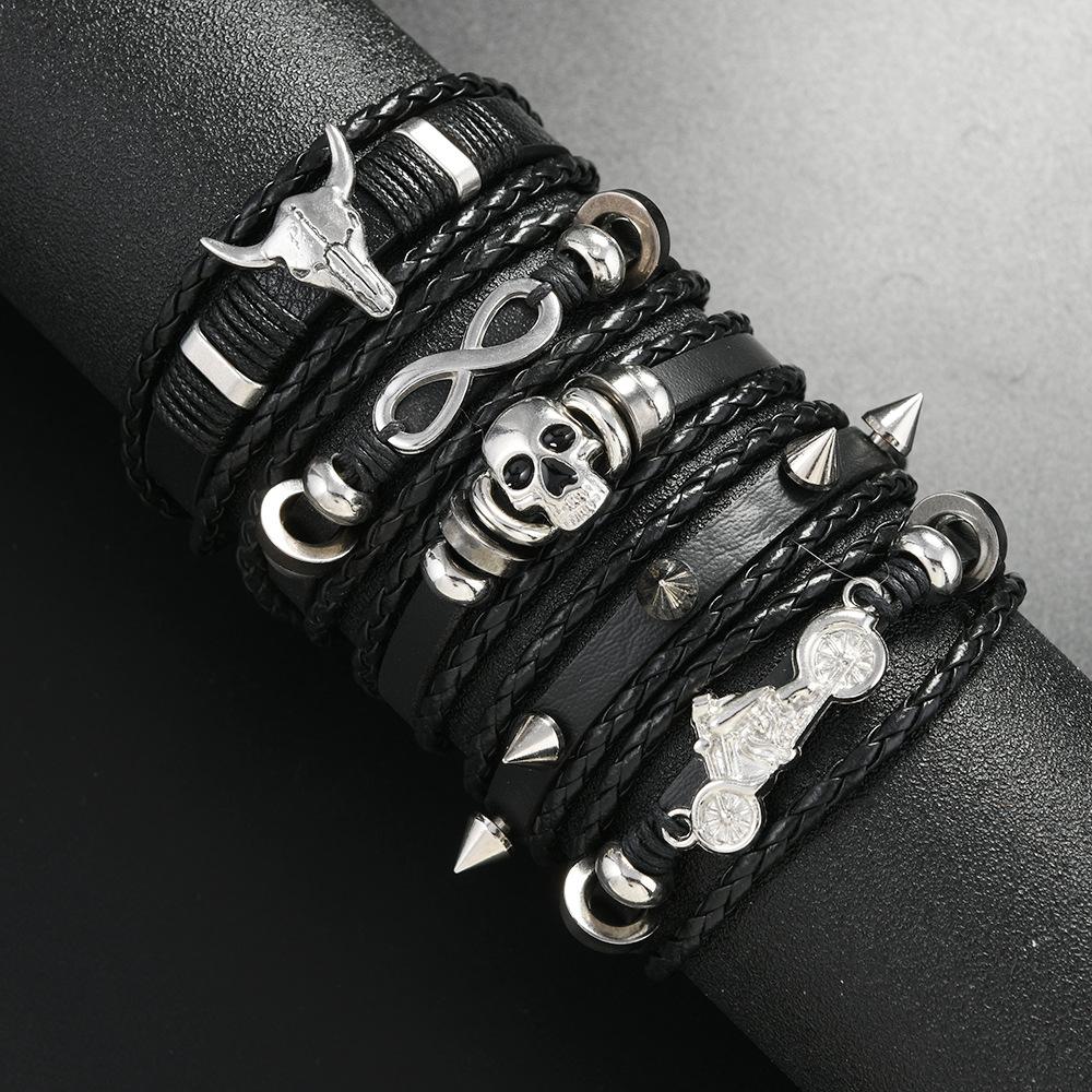 5 Piece Vintage Hip Hop Skull Leather Bracelet for Men's Gothic Punk Teenage Street Jewellery Accessories Man Handmade Bracelet