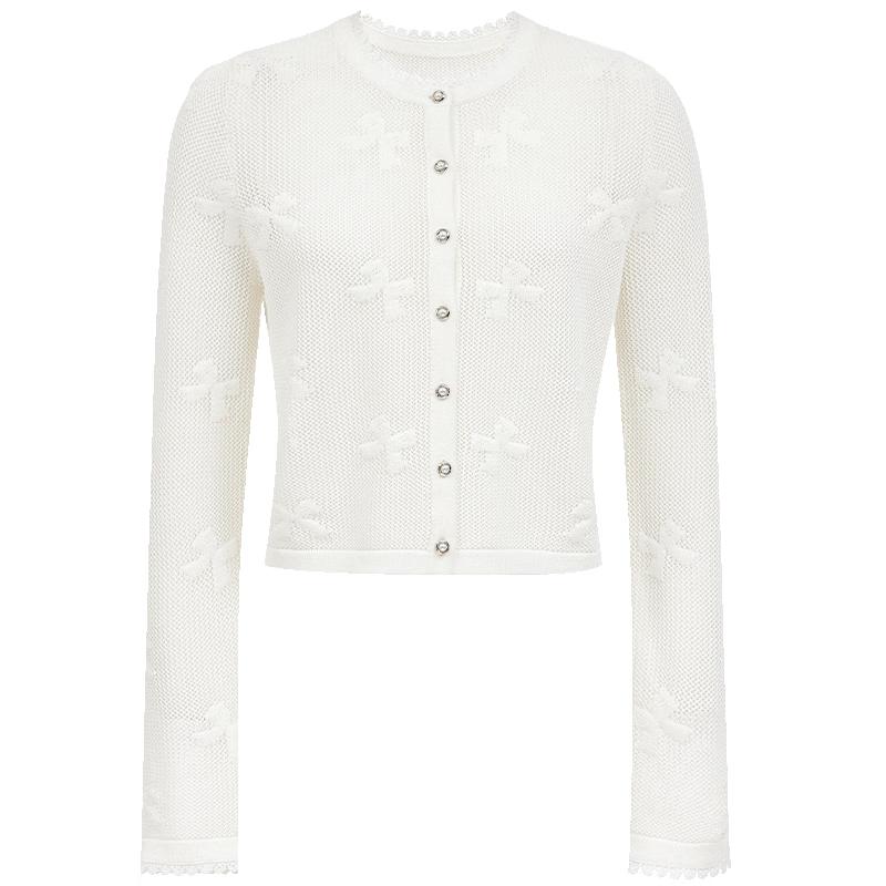 VEROMODA Women's Bow Jacquard Lace Knit Cardigan