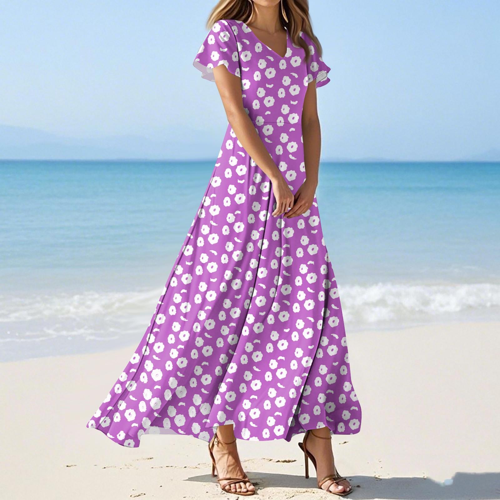 

Женские летние повседневные модные однотонные платья с V-образным вырезом и коротким рукавом XL фиолетовый