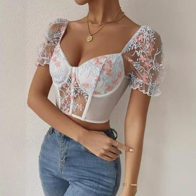 European & American Sexy Low-Cut Backless Embroidered Mesh Puff Sleeve Top for Women