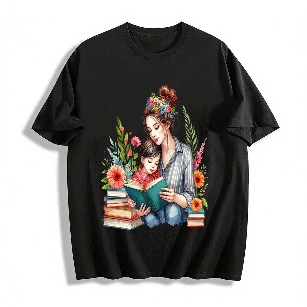 Mother And Child Reading Print Casual Top Warm Parent-child Tee Pure cotton T-shirt XXS
