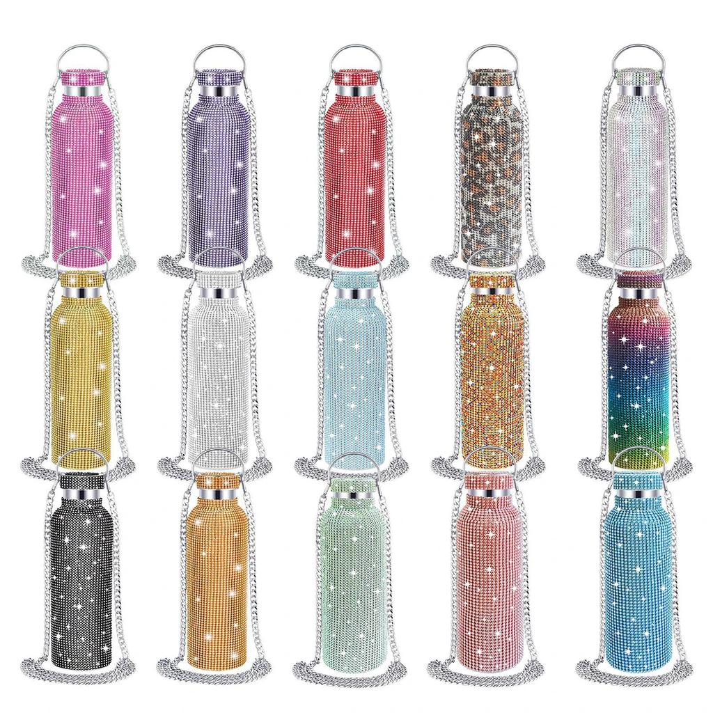 500/600/750/1000ml Diamond Thermos Bottle With 2pcs Chain Portable Rhinestone Water Bottle Stainless Steel Thermal Vacuum Flask