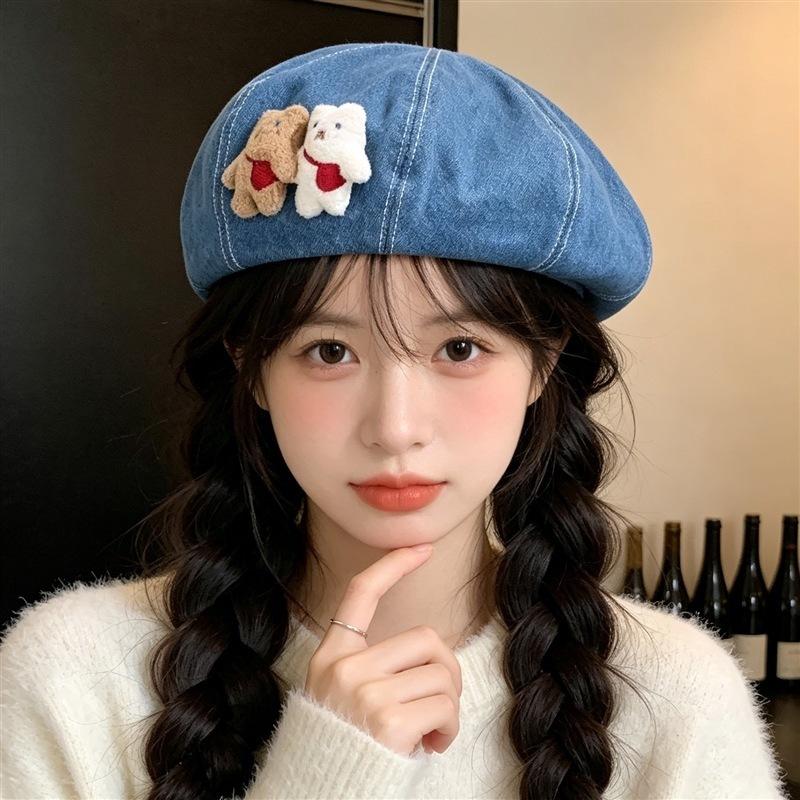 Cowboy Internet celebrity Versatile Bear Fashion Hat Showcase Flat Top Painter Hat Little Cute Face Ladies Two Berets
