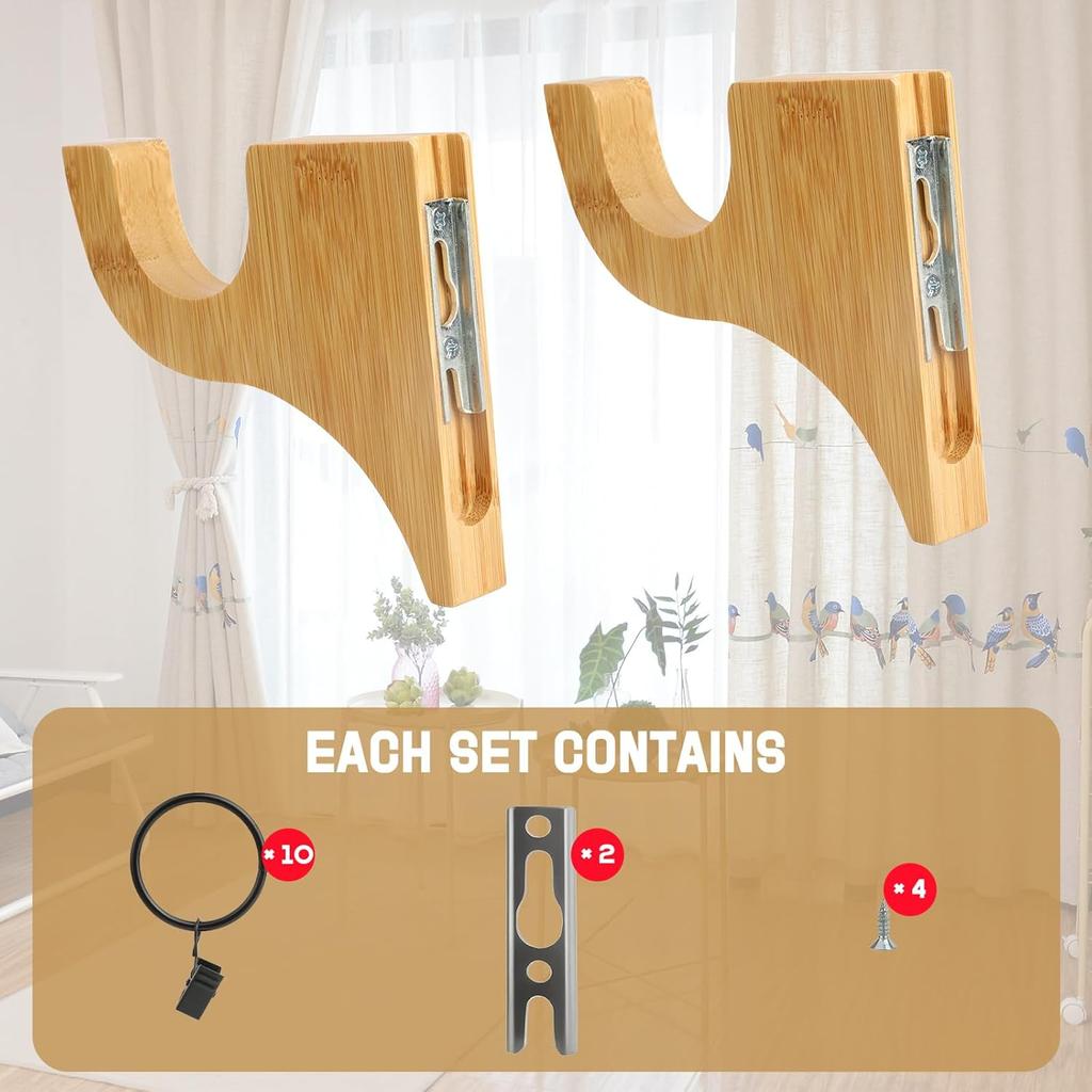 2 Pack Wooden Curtain Rod Brackets Multipurpose Curtain Rod Holders with 20 Pcs Curtain Rings with Clips for Bathroom Bedroom Livingroom Kitchen