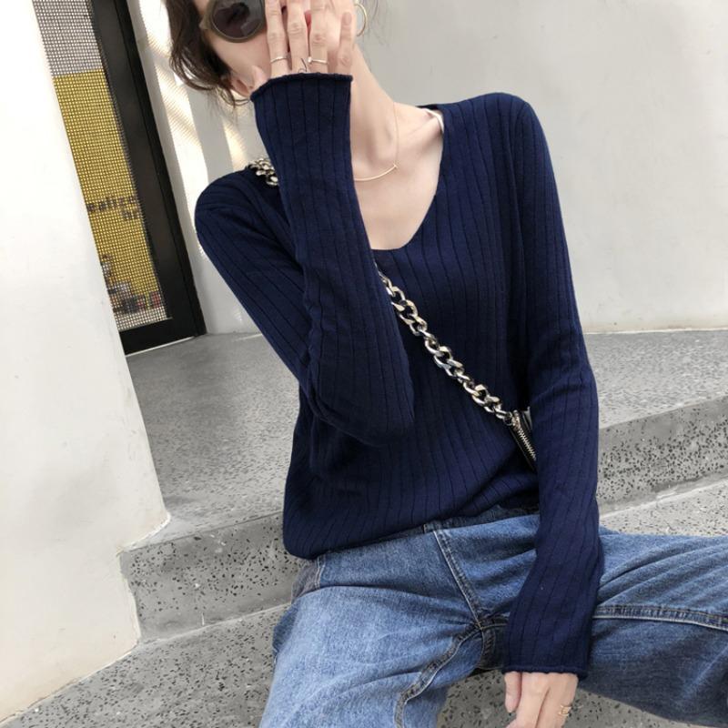 Spring and Autumn Lazy Style Long-sleeved Autumn Clothes Women's Outerwear, Loose Pullover V-neck T-shirt Sweater All-match Top 1739#