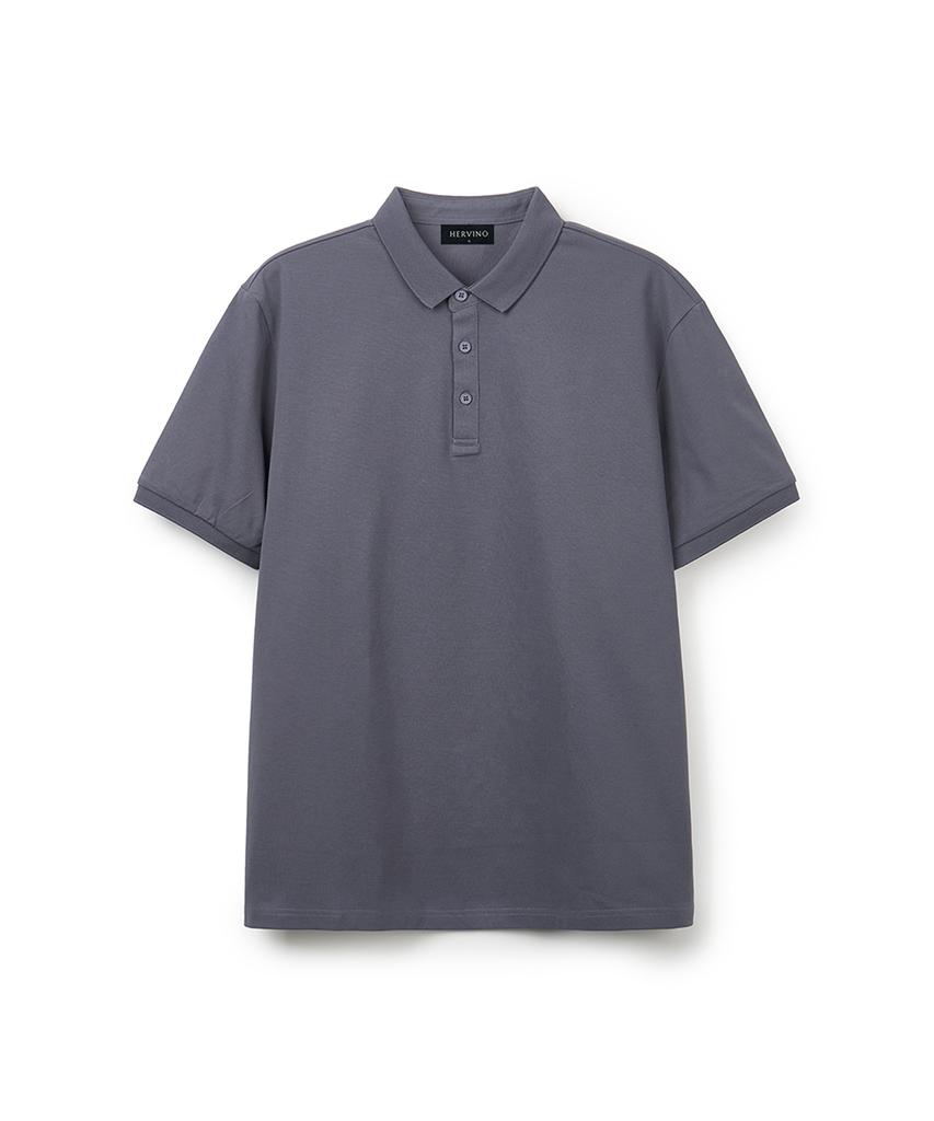HERVINO Basic Cool Cotton Collared Short Sleeve Tee [Charcoal Blue] (Type B)