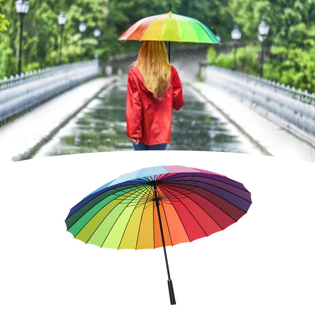 Long Handled Umbrella 24 Rib Large Windproof Reinforced Straight Umbrella for Outdoor Gift Rainbow