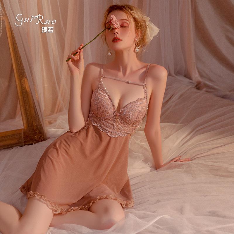 Women's Mesh Underwire Push Up Padded Backless Cami Sleep Dress Costume Set