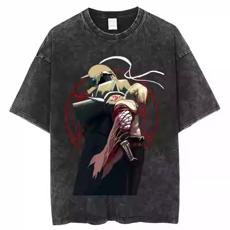 Anime Fullmetal Alchemist Brotherhood Cornice Gotica Fratelli Stampa Grafica T-Shirt Uomo Donna retro Lavato Girocollo Cotone Oversize streetwear moda Top