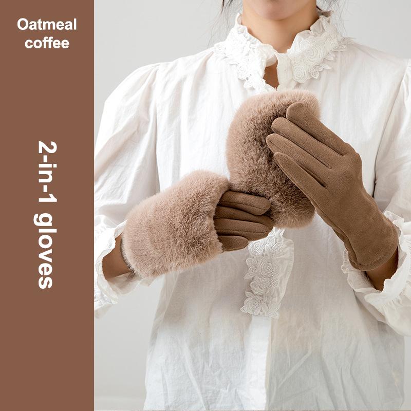 

Thickened Suede Gloves For Women Cold Weather Winter Warm Gloves With Rabbit Faux Fur Can Detachable Thermal Lining Party Gloves коричневий