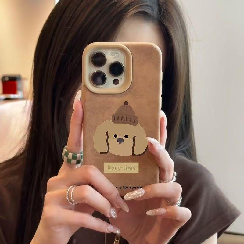 Brown Large Hole Leather Cute Brown Hat Puppy Suitable for Apple 16promax Mobile Phone Case 14 New IPhone 15