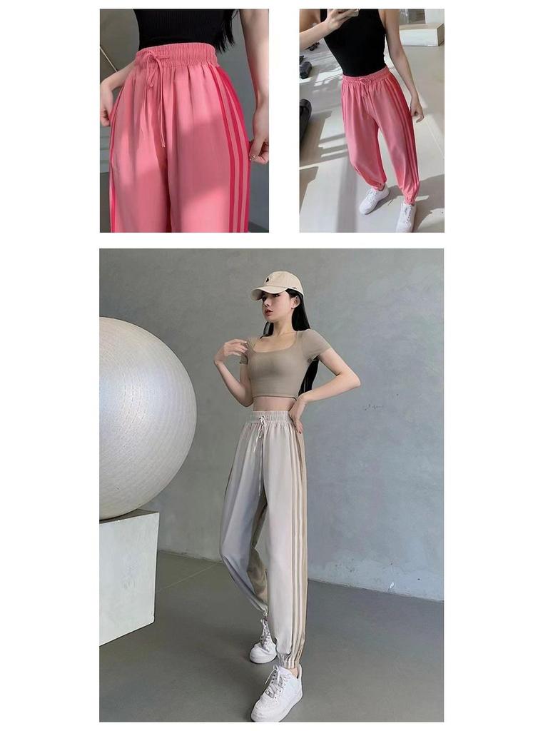 Women's Colorblock Drawstring Yoga Pants - Casual, Breathable, Quick-Drying, Loose Fit with Ankle Cuffs for Spring/Autumn Sports & Fitness.