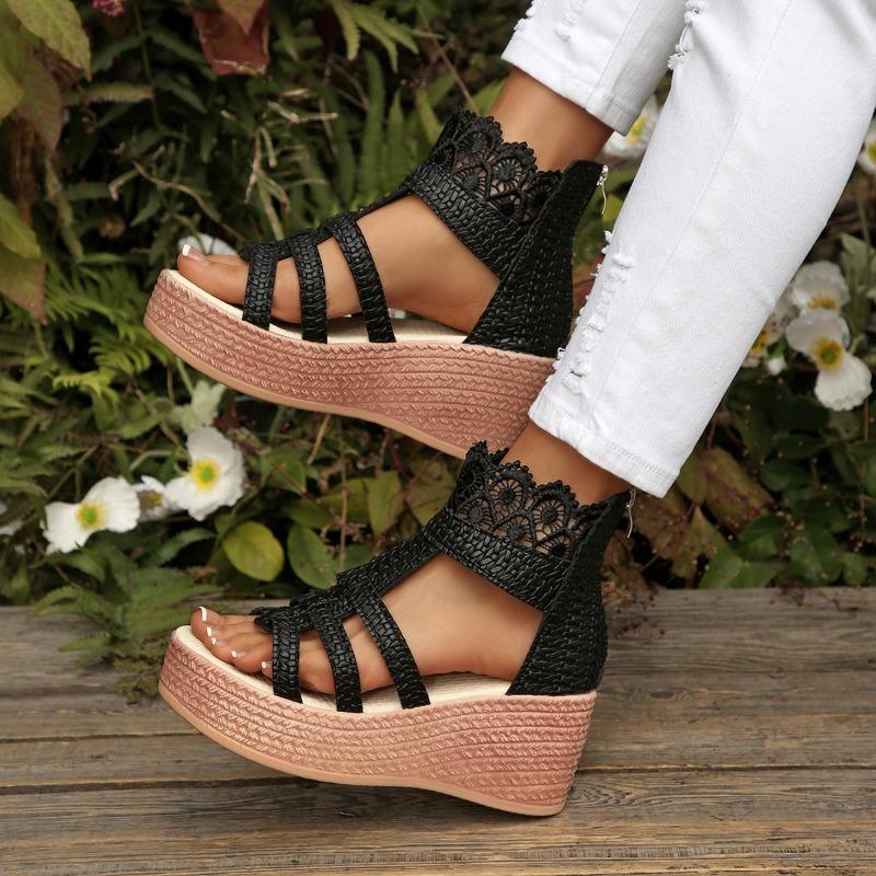 Summer Wedge Sandals Back Zip Platform Platform Shoes Lace Cutout High Heel Plus Size Bag Heel Sandals Women 36 чёрный
