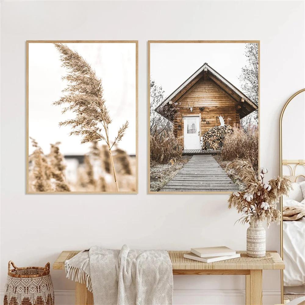 Beige Gras Blume Reed Leinwand Malerei Herbst Landschaft Eichhörnchen Schafe Wand Kunst Drucke Nordic Poster Bild Wohnzimmer Dekor