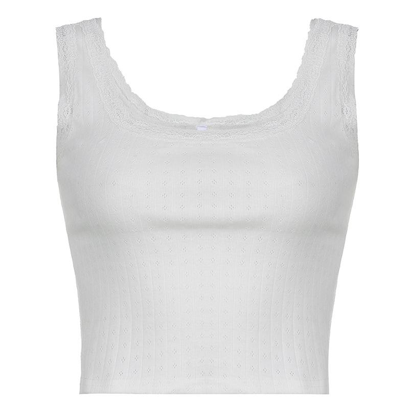 

Весенне-летний кружевной кружевной сплайс с квадратным вырезом, тонкий топ для девочек, персонализированный однотонный повседневный топ на бретельках для девочек, на груди L белый