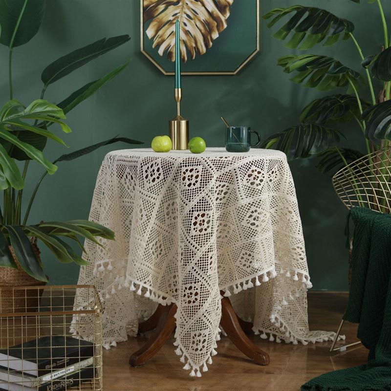 Tovaglia all'uncinetto fatta a mano con nappe, pizzo decorativo traforato stile Boho per tavolo da pranzo, tavolino da caffè