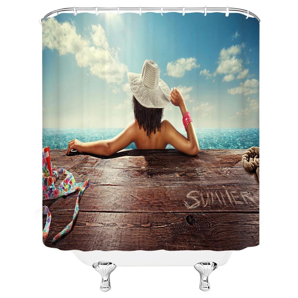 Sexy Woman Buttocks Printing Shower Curtains Sunlight Beach Girl Landscape Bathroom Decor Fabric Washable Bath Screen With Hooks