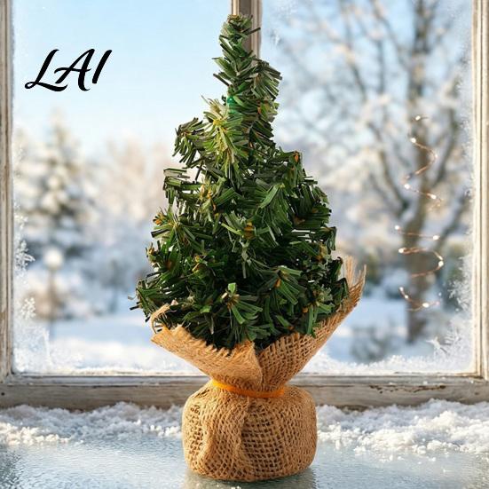 Rustic Christmas Decor Tabletop Mini Tree Artificial Miniature Pine Tree with Linen Base for Xmas Holiday Indoor Home Kitchen Desktop Decoration