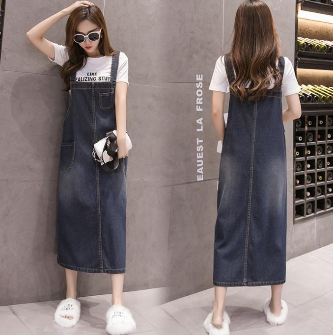 women s Denim Suspender Dress Casual Loose Fit A-Line Midi Overall Dress with Buttons S