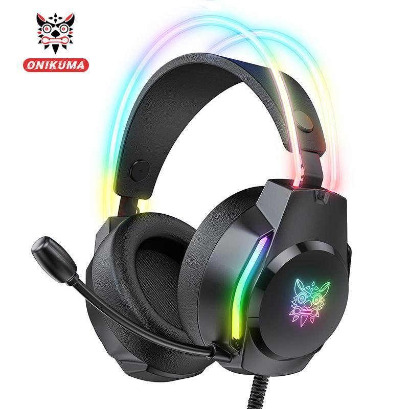 

ONIKUMA RGB освещение 3,5 мм Проводные наушники 50 мм Большой приводной блок Игровая гарнитура Hi-Fi сабвуфер Музыка с микрофоном HD для ПК XBOX Ноутбук розовый