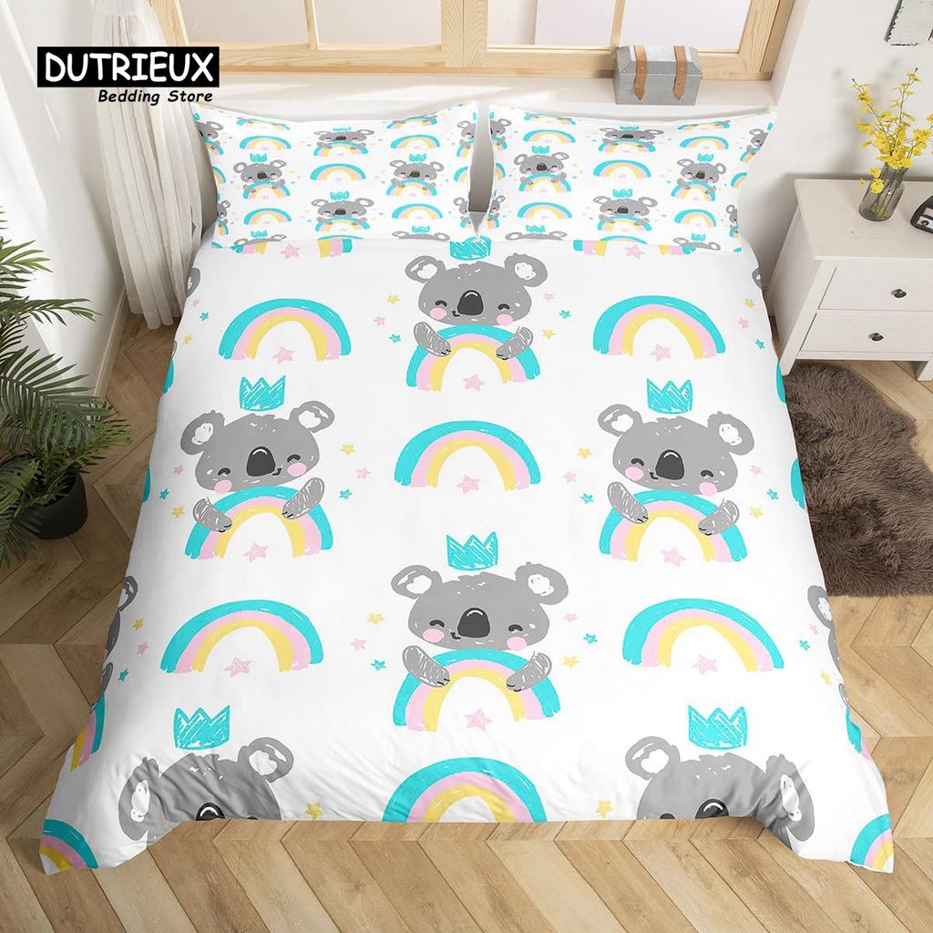 Cute Panda Duvet Cover Set Kawaii Rainbow Cartoon Animals Bedding Set Full Microfiber White Flowers Pink Heart Comforter Cover
