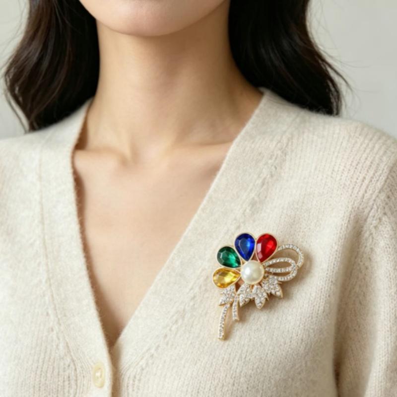 Women's Flower Brooch with Colorful Rhinestones and Elegant Plant Design for Parties