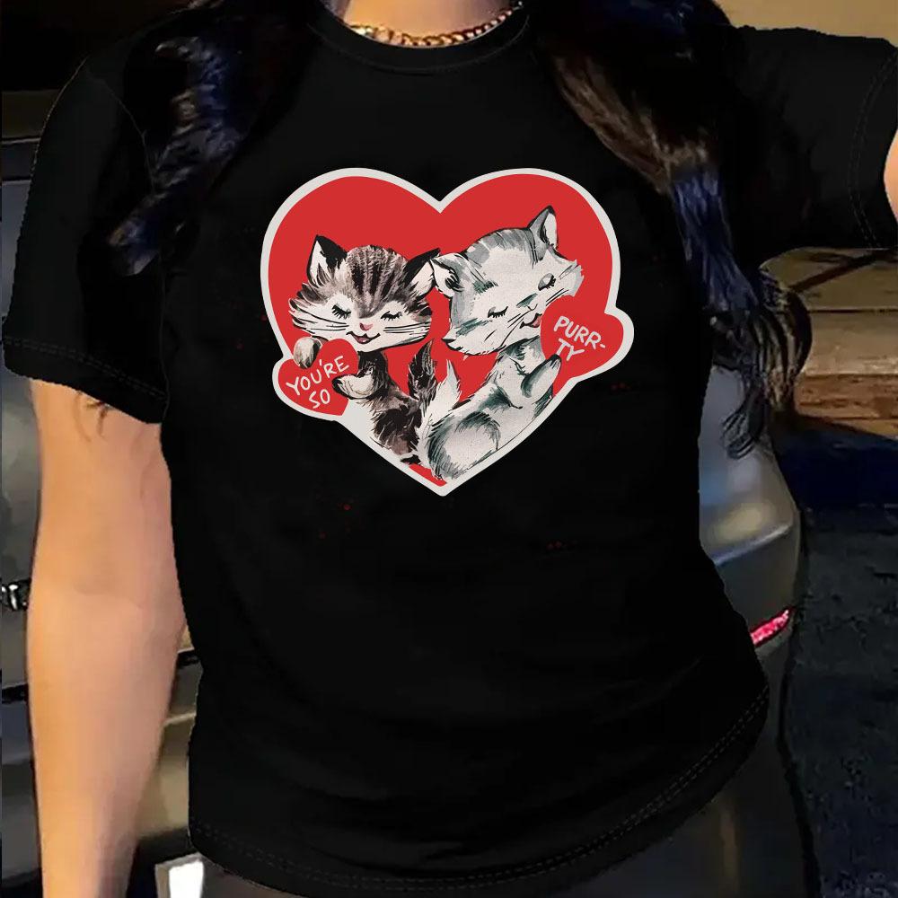 

Summer Round Neck Cat Heart Printed Top Fashionable Casual Pure Cotton Short Sleeved Women s T-shirts S