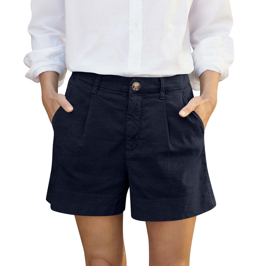 Women's Cotton And Linen Shorts, With Pockets, Button Closure, Business Casual .