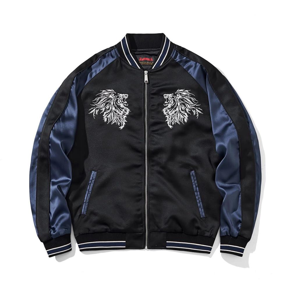 East Rain Sukajan Jacket with Embroidered Lion Satin Japanese Shiny FUN229 Men's Print, Fabric, Pattern, Outerwear,