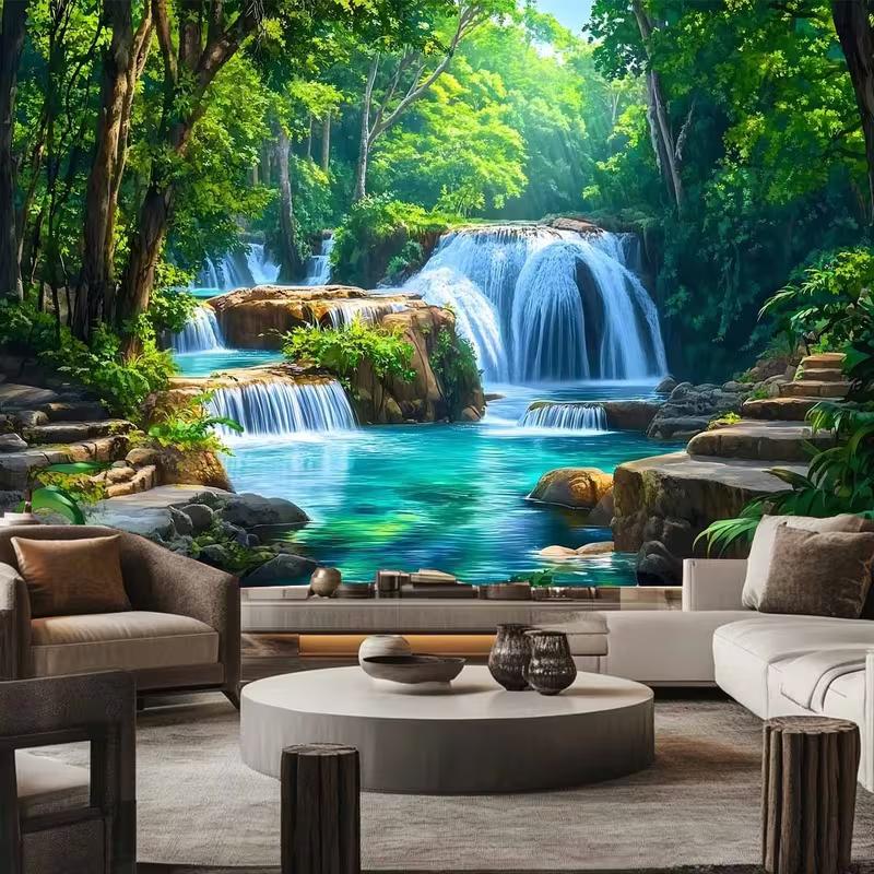 2D Turquoise Pool Waterfall Backdrop Lush Tropical Forest Photography Background Cloth