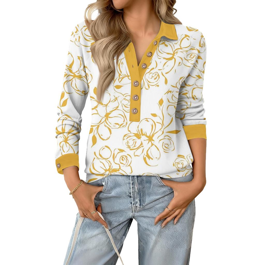 Women's Retro Street Lazy V,neck Long Sleeve Button Floral Print Pullover Top