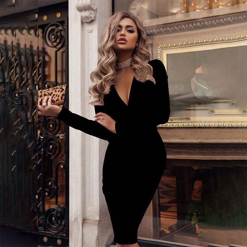 Neck Women V Long Sleeve Bodycon Sexy Dress Ladies Casual Evening Clubwear Party