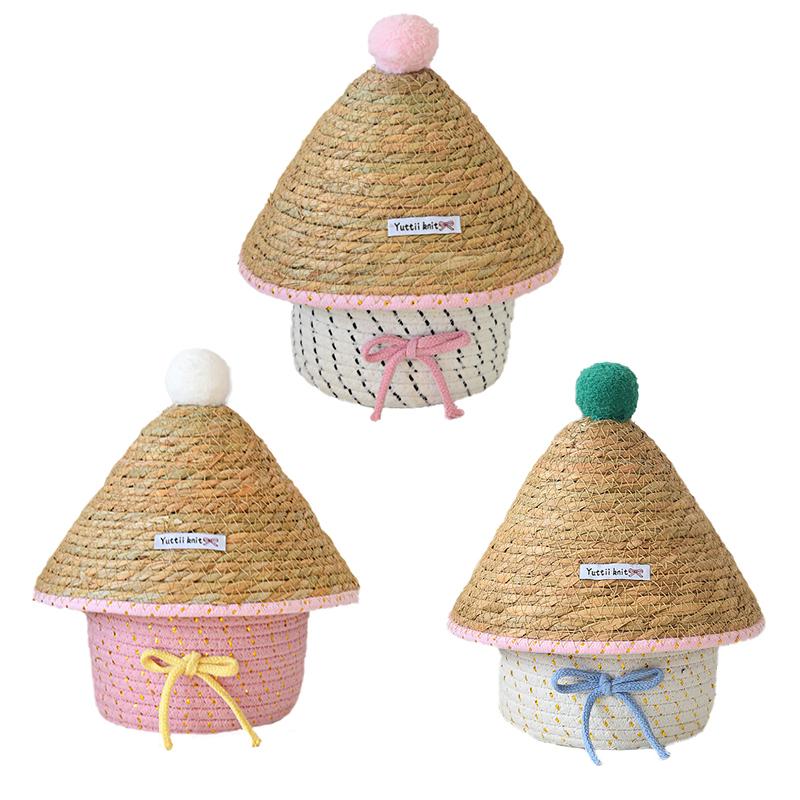 1Pc With Lid Practical Grass Weaving Delicate Desktop Storage Fashion Bow Storage Box Cotton Thread