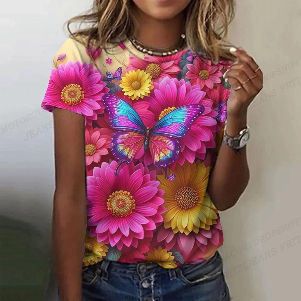 

Летний круглый вырез с 3D-принтом в виде бабочки и цветка, модные повседневные женские футболки с коротким рукавом XS