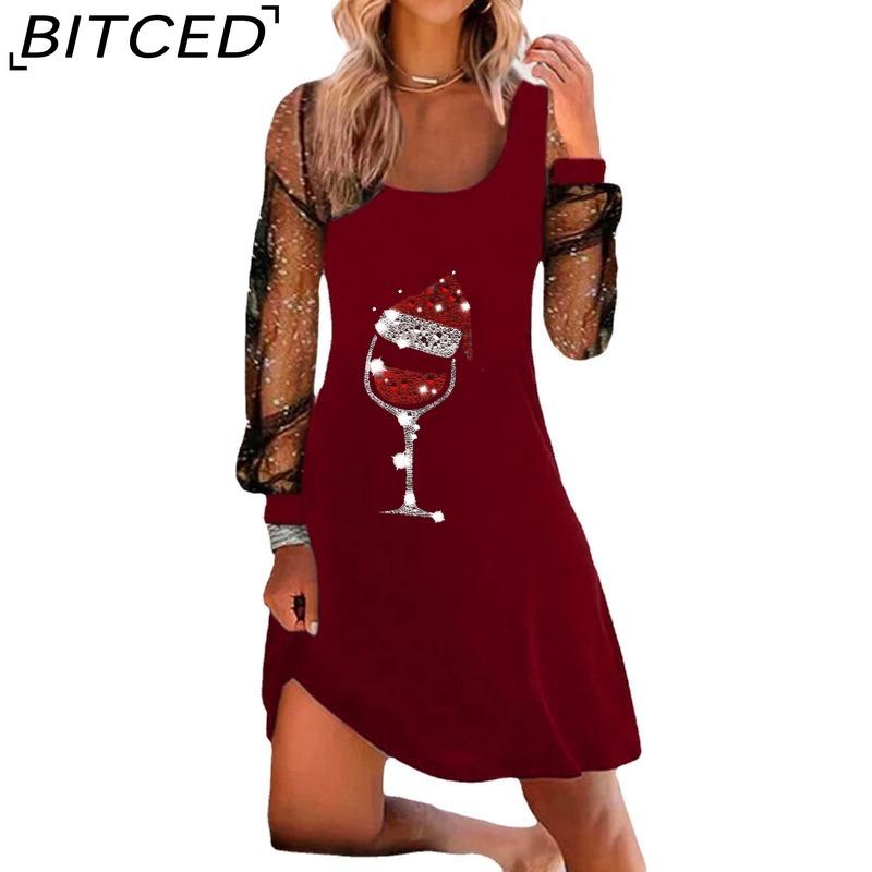 

BITCED Жіноча мода весна осінь однотонні повсякденні сукні з довгим рукавом і U-подібним вирізом з високою талією S бордовий