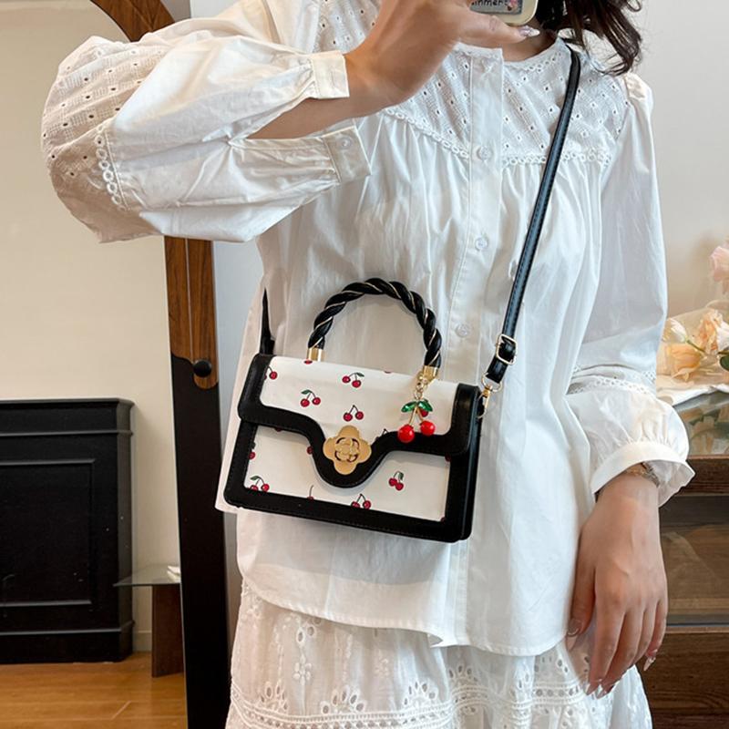 Women Cherry Square Bag PU Leather Sweet Cherry Crossbody Bag Adjustable Strap Sling Ladies Outdoor Small Handbags