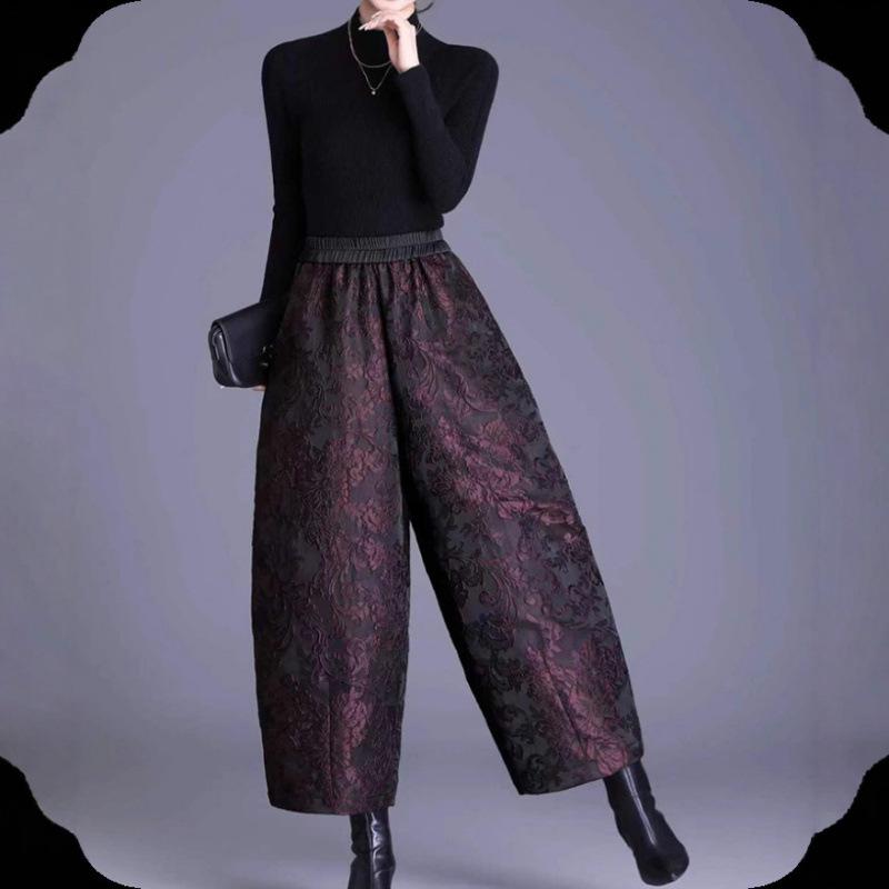 Premium Age-Defying Women s Jacquard Plus Size Slimming Cropped Pants for Autumn/Winter M