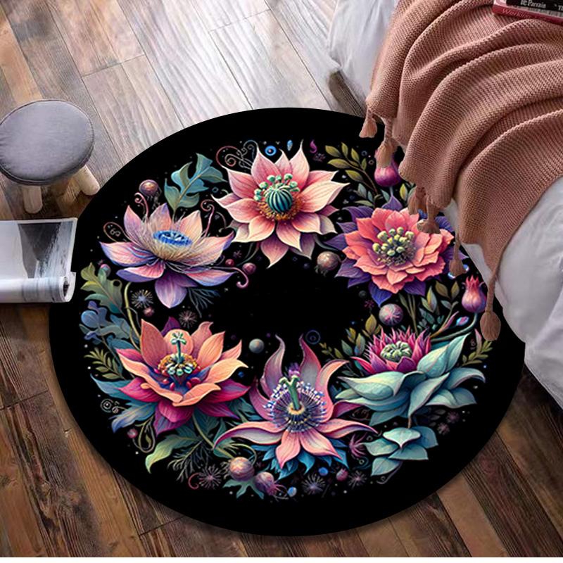 Floral Moon Phase Circular Rug - Office Decorative Carpet For Living Room Bedroom Door Mat Floor Rug Computer Chair Area Rug