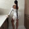 White Ruffle Bandage Mini Dress Women'S Off Shoulder Pleated Party Dress Strapless Long Sleeve Patchwork Mini Dress