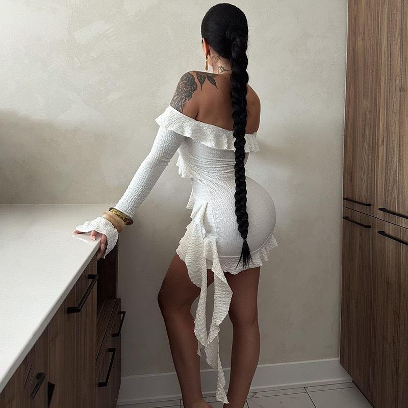 White Ruffle Bandage Mini Dress Women'S Off Shoulder Pleated Party Dress Strapless Long Sleeve Patchwork Mini Dress