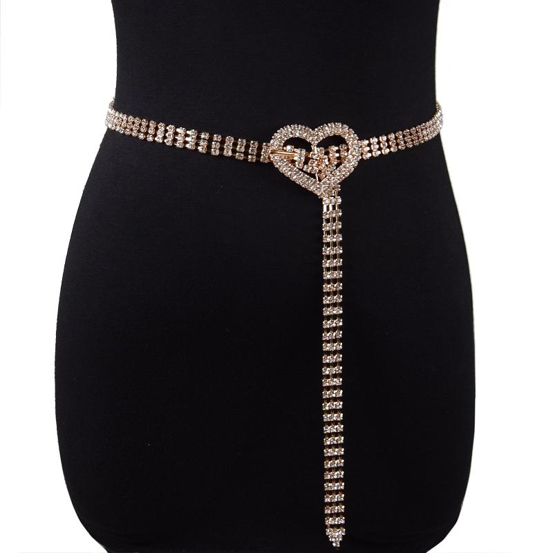 Gold And Silver Rhinestone Thin Belt Fashion Women Elegant Waist Chain With Heart Buckle Belt Skirts Jeans Accessories
