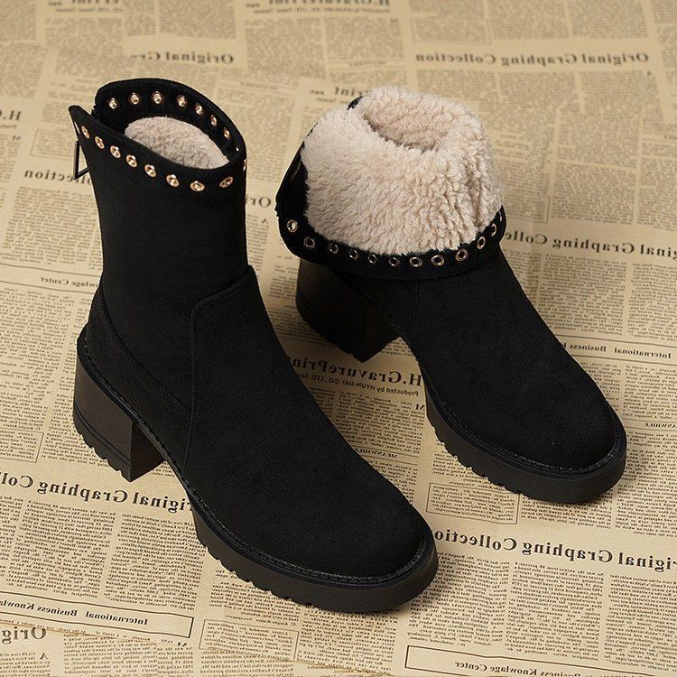 

Square heel snow boots 2025 autumn and winter cotton shoes piled thickened snow boots zipper women s shoes winter low heel boots women s 40 чёрный