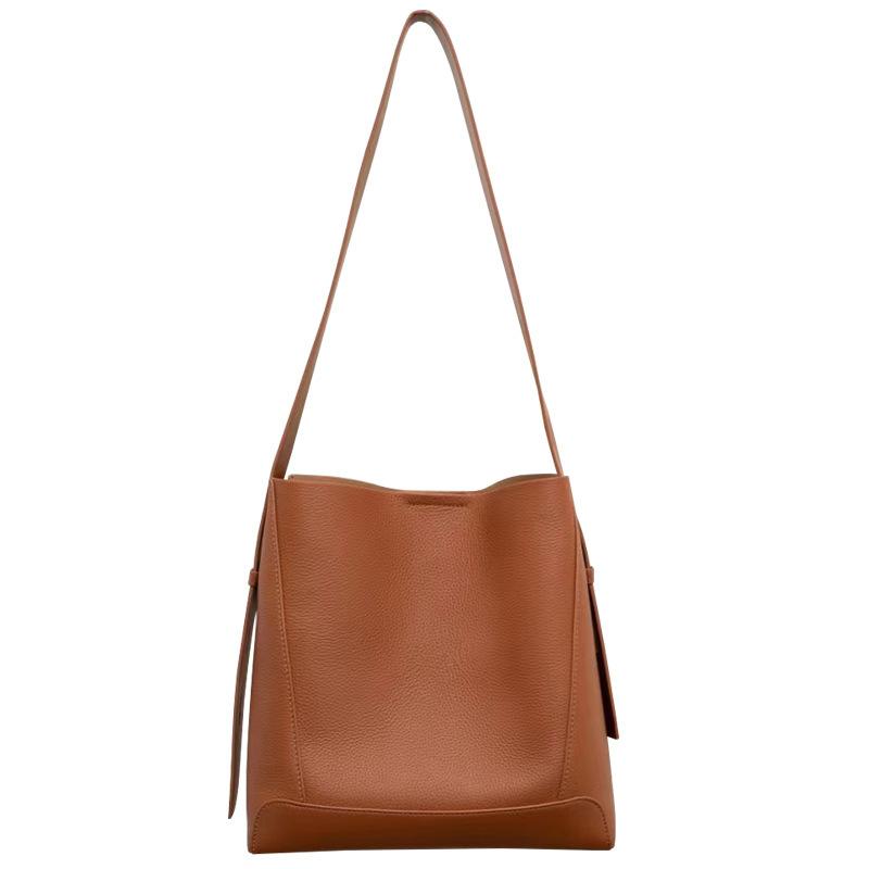 Fashionable and Elegant Simple Genuine Leather Casual Women's Bag 2025 New Trendy Texture Bucket Bag Simple Shoulder Crossbody Bag